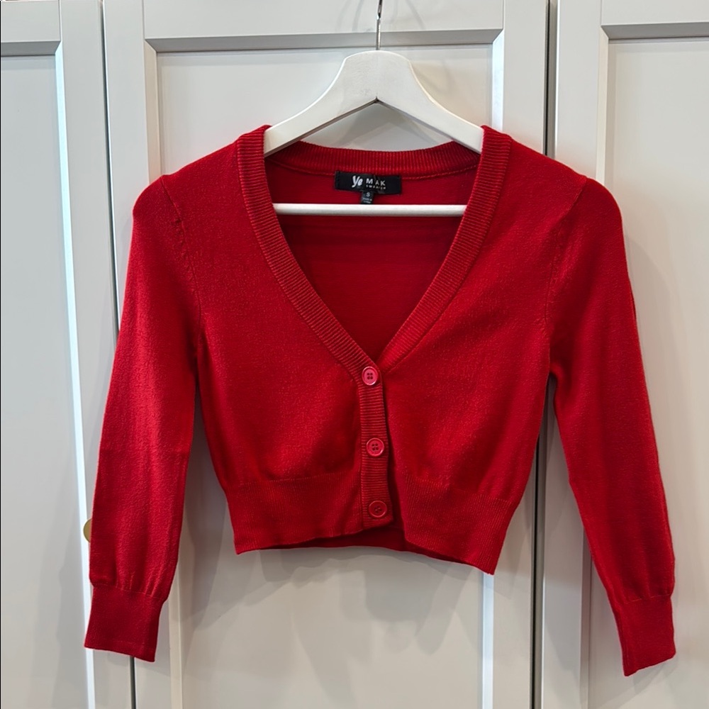 Red V-Neck cropped Cardigan sweater